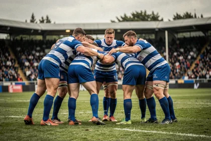 Joueurs de rugby français en cercle d'équipe avant un match de championnat, jerseys bleus et blancs sur pelouse naturelle