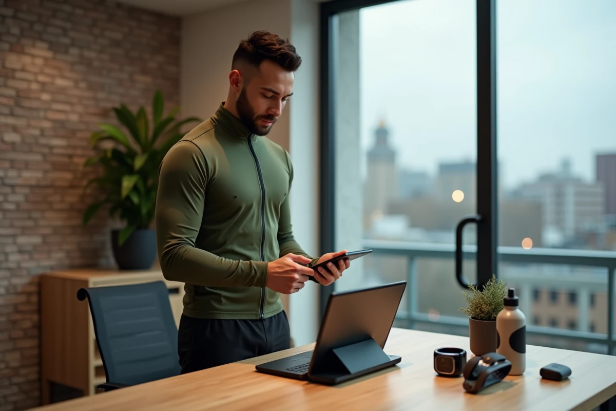 Homme actif et connecté consultant ses données sportives sur tablette entouré de cadeaux tech sur un bureau en bois