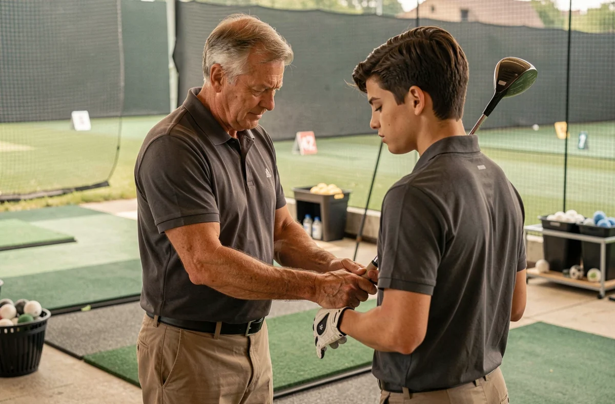 Instructeur de golf guidant la prise en main d'un driver pour un débutant, image représentant l'apprentissage pédagogique du golf en blog
