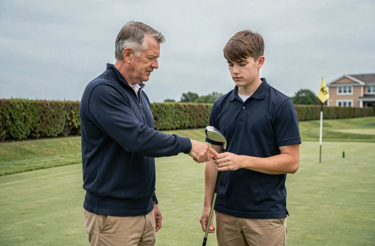 Instructeur de golf guidant un débutant sur le grip avant une série de cours professionnels