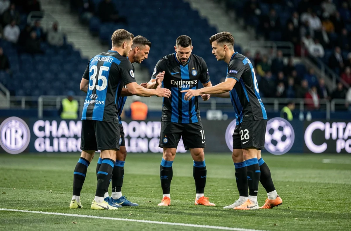 Joueurs de l'Inter Milan en discussion tactique lors d'un match de Ligue des Champions UEFA