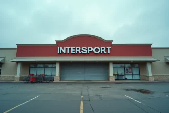 Façade fermée du magasin Intersport Hautepierre avec grilles de sécurité baissées et enseigne visible sur parking désert