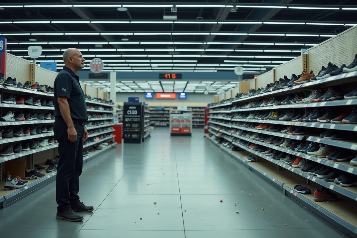 Intérieur vide du magasin Intersport en cours de fermeture avec rayonnages déserts et employé pensif