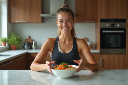Jeune athlète préparant un bol de quinoa et poulet