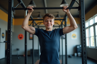Jeune garçon faisant un pull-up dans une salle de sport moderne