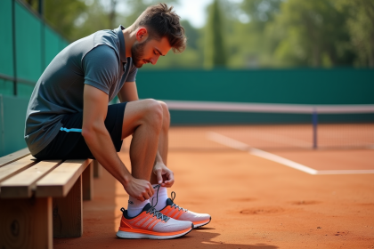 Jeune homme sportif en train de lacer ses chaussures de course sur un court en terre battue