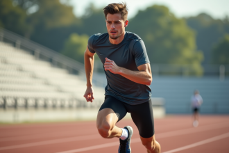 Jeune homme coureur en action sur piste d'athlétisme