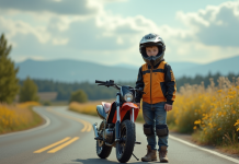 Jeune garçon en motocross avec Piwi 50 sur route rurale