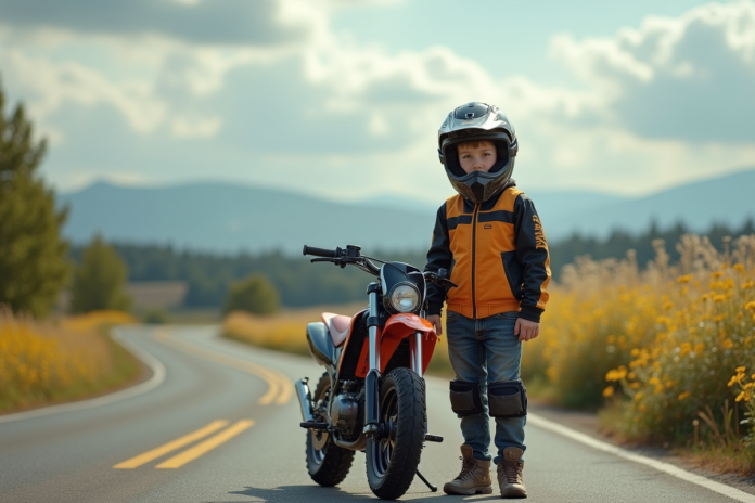 Jeune garçon en motocross avec Piwi 50 sur route rurale