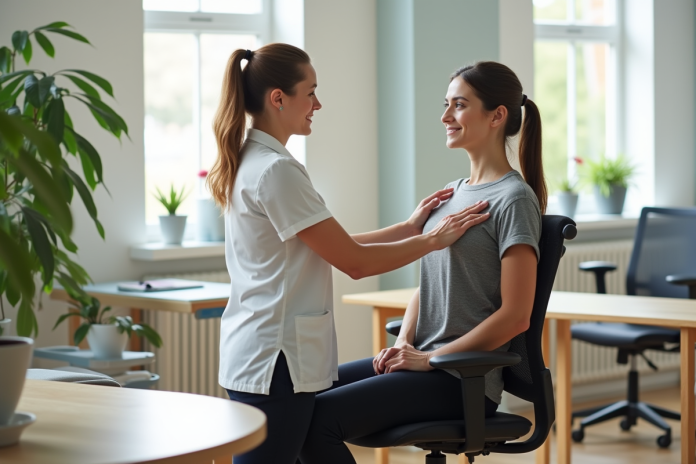 jeune-femme-therapie-posture Jeune femme en séance de physiothérapie pour la posture