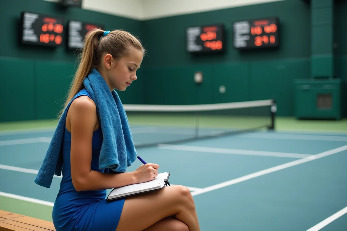 Jeune joueuse de tennis en intérieur avec carnet