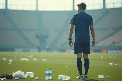 Jeune footballeur sur un terrain pollue avec déchets