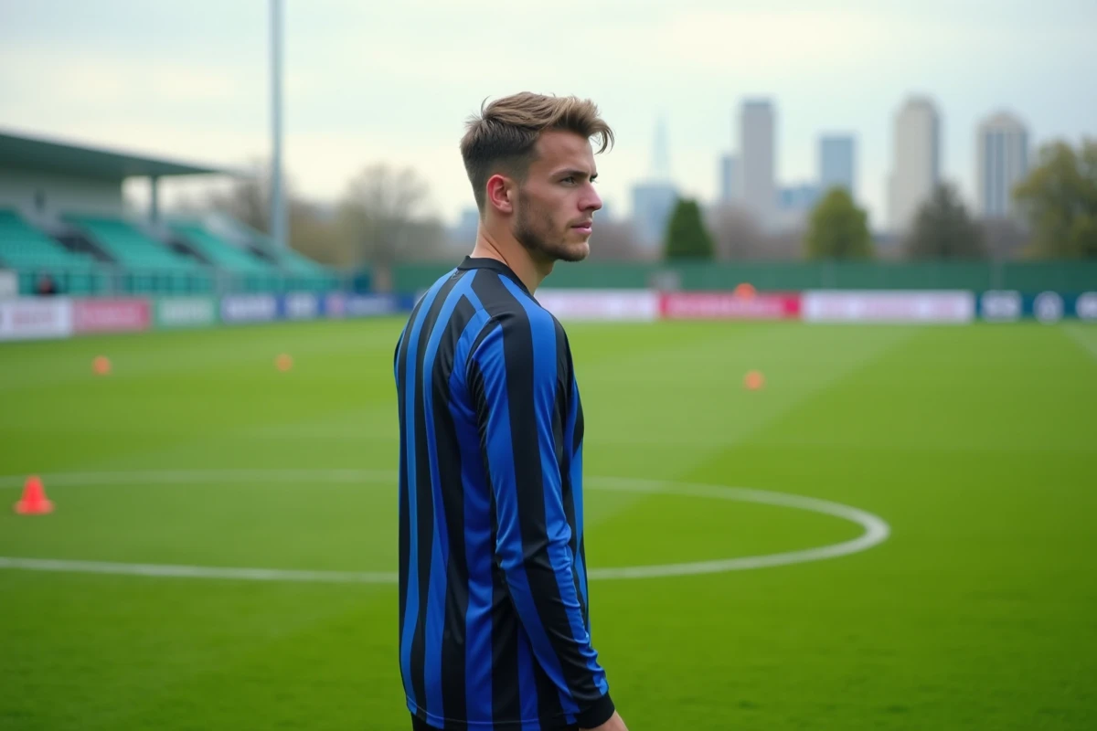 Jeune joueur de football regardant le terrain d entraînement