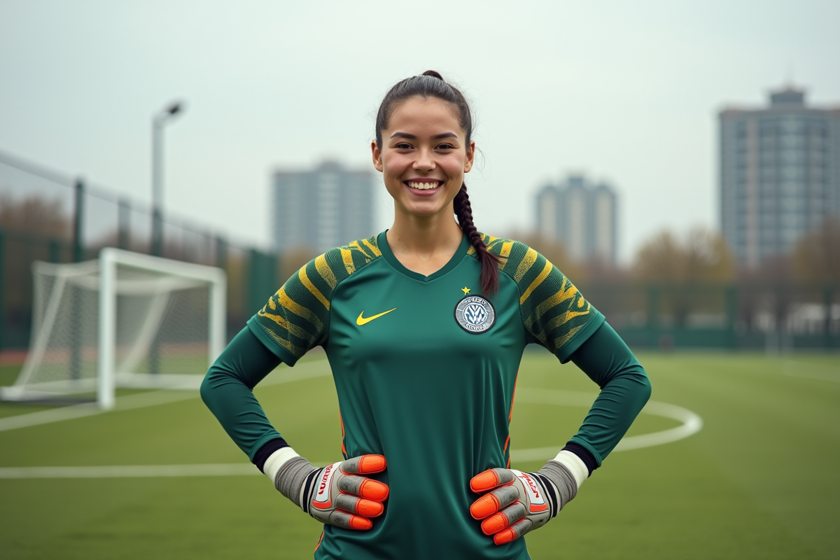 Jeune gardienne de football posant fièrement sur le terrain