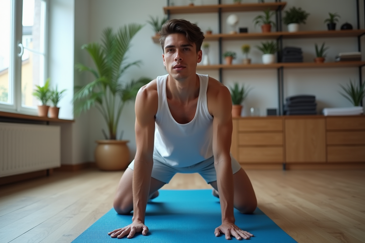Jeune homme faisant des crunchs dans un salon lumineux