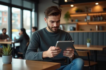 Jeune homme lisant sur une tablette dans un café