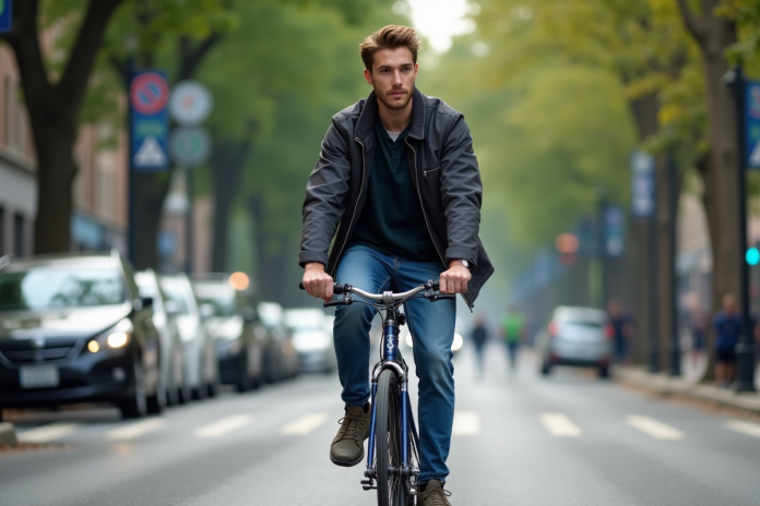 jeune-homme-cycliste-ville Jeune homme à vélo dans la ville sans casque
