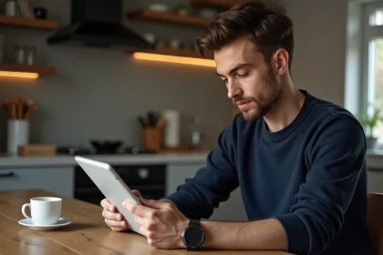 Jeune homme lisant un article sport sur tablette à la maison