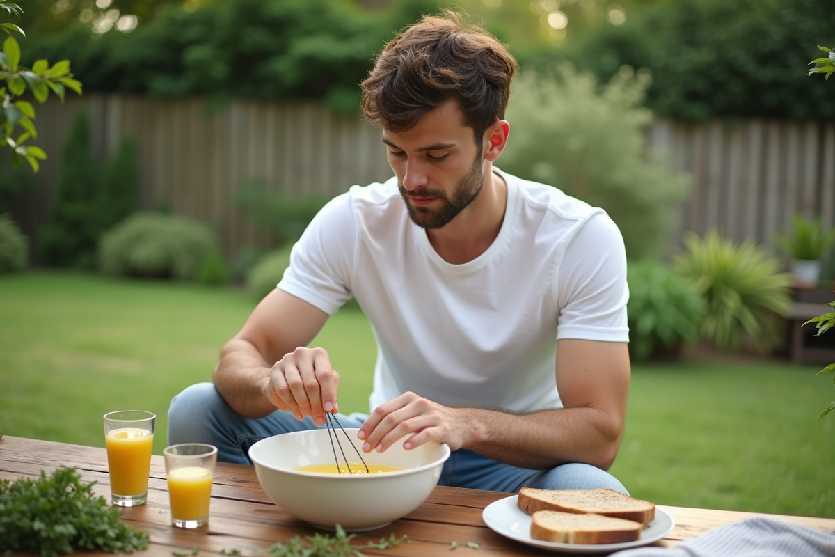 Jeune homme battant des oeufs en extérieur