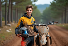 Jeune homme en motocross avec casque et moto en nature