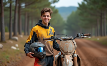 Jeune homme en motocross avec casque et moto en nature