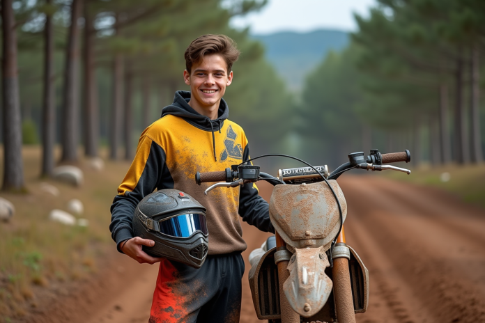 Jeune homme en motocross avec casque et moto en nature