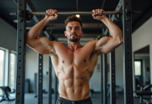 Jeune homme musclé faisant des tractions en salle de sport