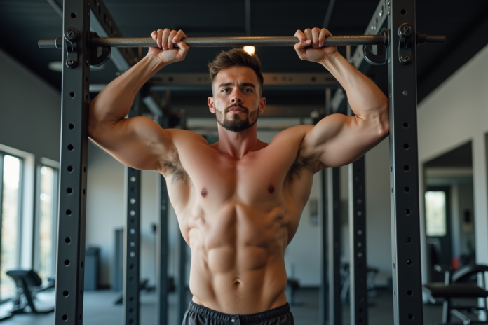 Jeune homme musclé faisant des tractions en salle de sport