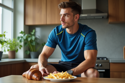 Jeune homme sportif en cuisine avec plat de frites et croissant