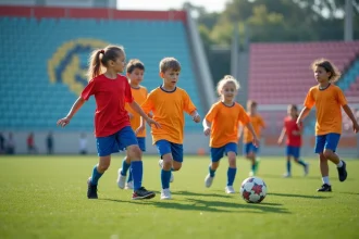 Groupe d'enfants jouant au football sur un terrain synthétique