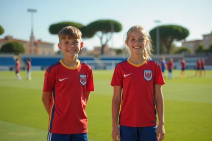 Jeune garçon et fille en maillots de football à Montpellier