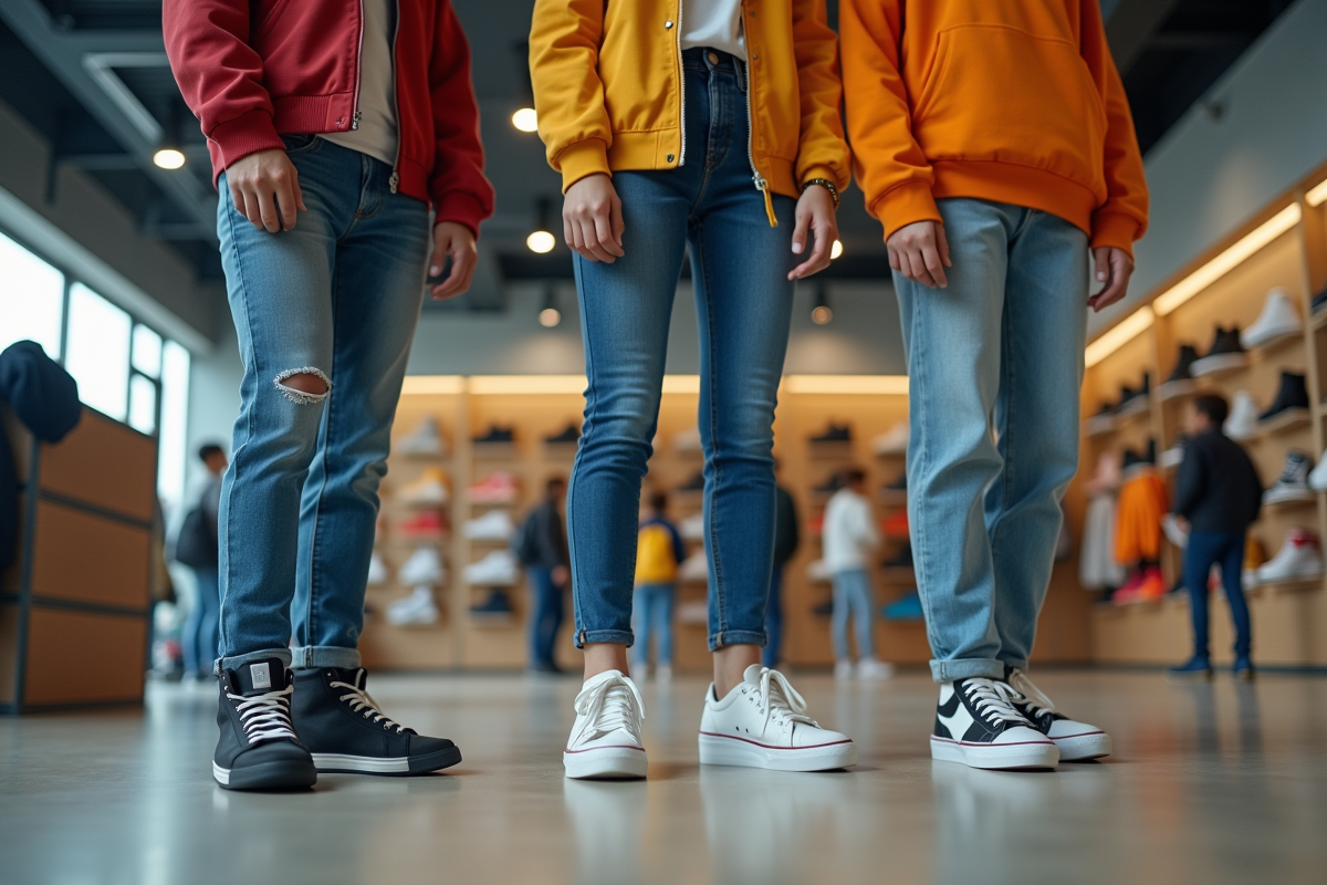 Trois adolescents essayant différentes chaussures de sport en magasin
