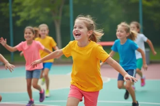 Groupe d'enfants jouant à un jeu de ballon en plein air dans un centre de loisirs
