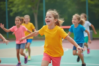 Groupe d'enfants jouant à un jeu de ballon en plein air dans un centre de loisirs