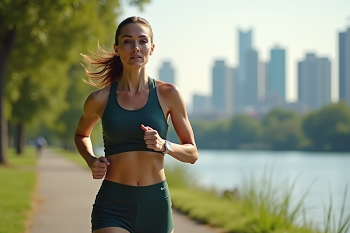 jogging-riverside-sportive Jeune femme sportive courant au bord de la rivière