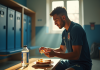 Joueur de football en vestiaire mangeant un œuf mollet