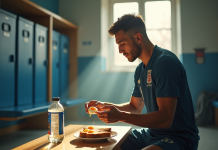 Joueur de football en vestiaire mangeant un œuf mollet