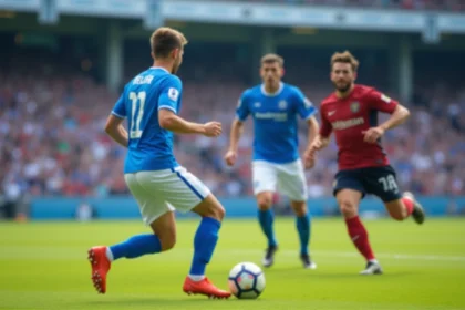 Jeune joueur de football en action face à un défenseur