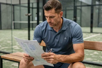Joueur de padel analysant un tableau de répartition des points P100 lors d'une pause entre deux matchs dans un club indoor