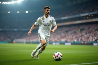 Joueur du Real Madrid en action lors d'un match au Santiago Bernabéu, dribble balle au pied sur la pelouse