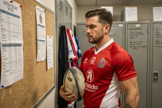 Joueur de rugby en Nationale étudiant le calendrier domicile extérieur de la saison 2026 dans un vestiaire de club