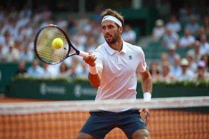 Joueur de tennis en pleine action sur terre battue