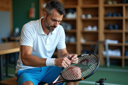 Joueur de tennis homme en train de stringer une raquette dans un magasin