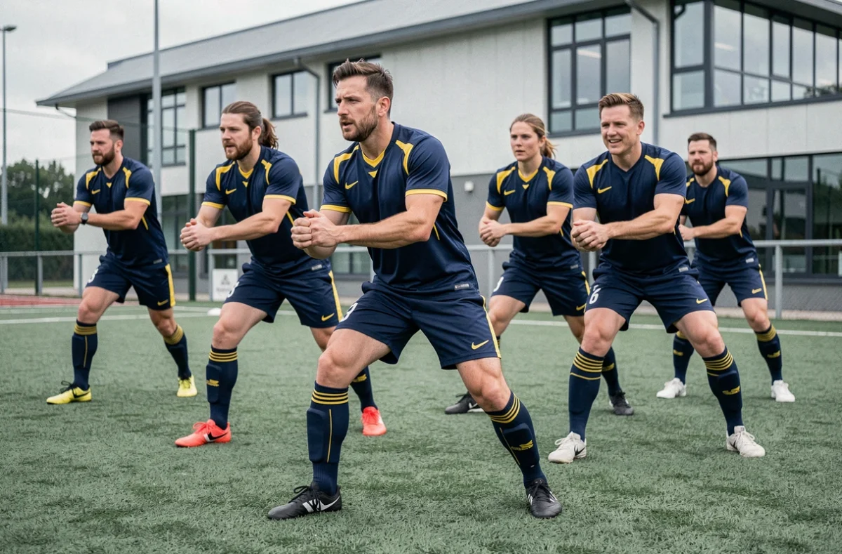 Joueurs de football amateur en Isère réalisant des exercices d'échauffement collectif sur terrain synthétique lors de la préparation de reprise de saison