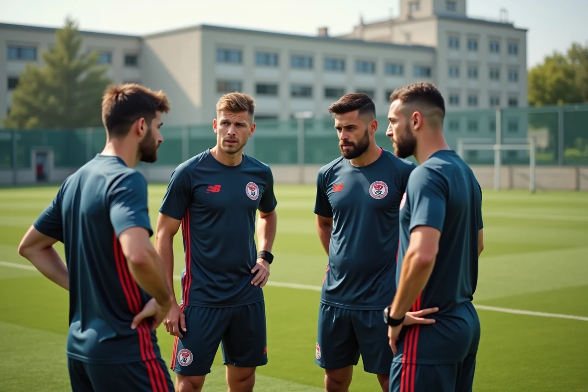 Groupe de joueurs de football en huddle tactique lors de l'échauffement avant le classique du soir