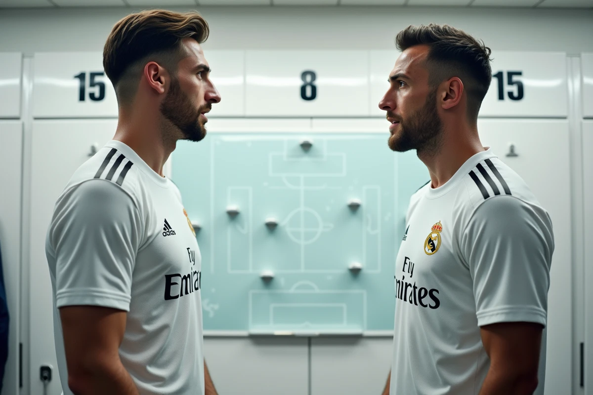 Deux joueurs du Real Madrid en discussion tactique dans le vestiaire du centre d'entraînement