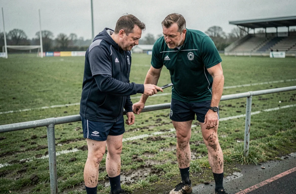 Deux joueurs de rugby amateur consultant un forum sportif sur smartphone en bord de terrain