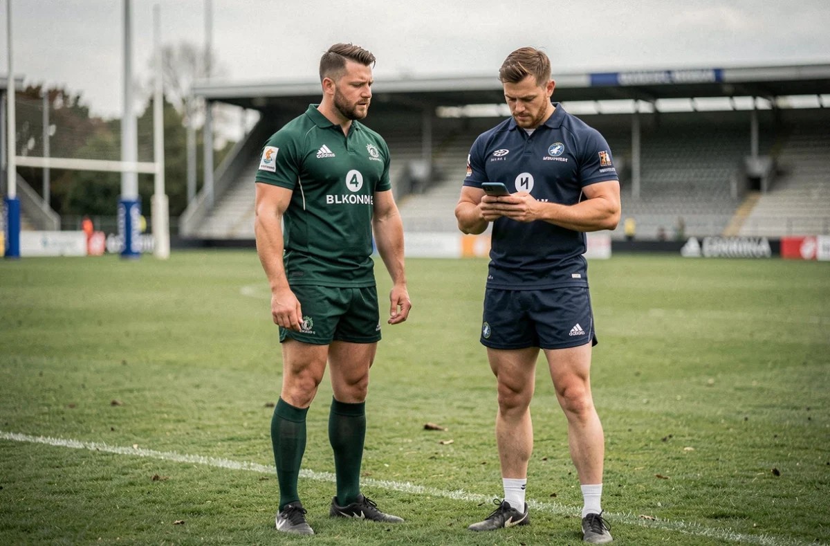 Deux joueurs de rugby de clubs différents sur un terrain professionnel lors de la période du mercato 2026