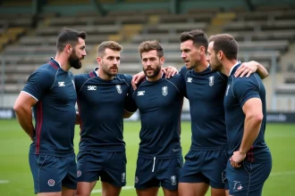 Joueurs de rugby en huddle lors d'un entraînement dans un club de National 2, illustrant les transferts et recrutements de la saison 2026