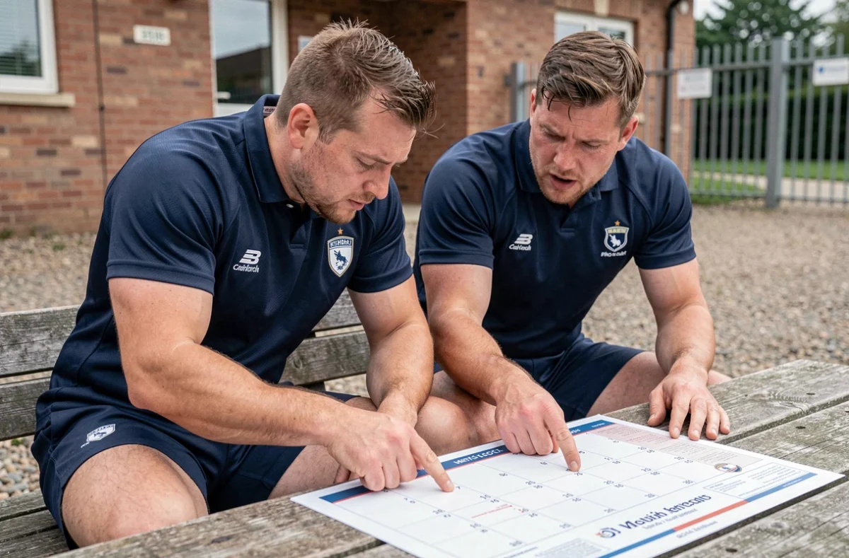 Deux joueurs de rugby en Nationale consultant ensemble le calendrier des matchs domicile et extérieur de la saison 2026